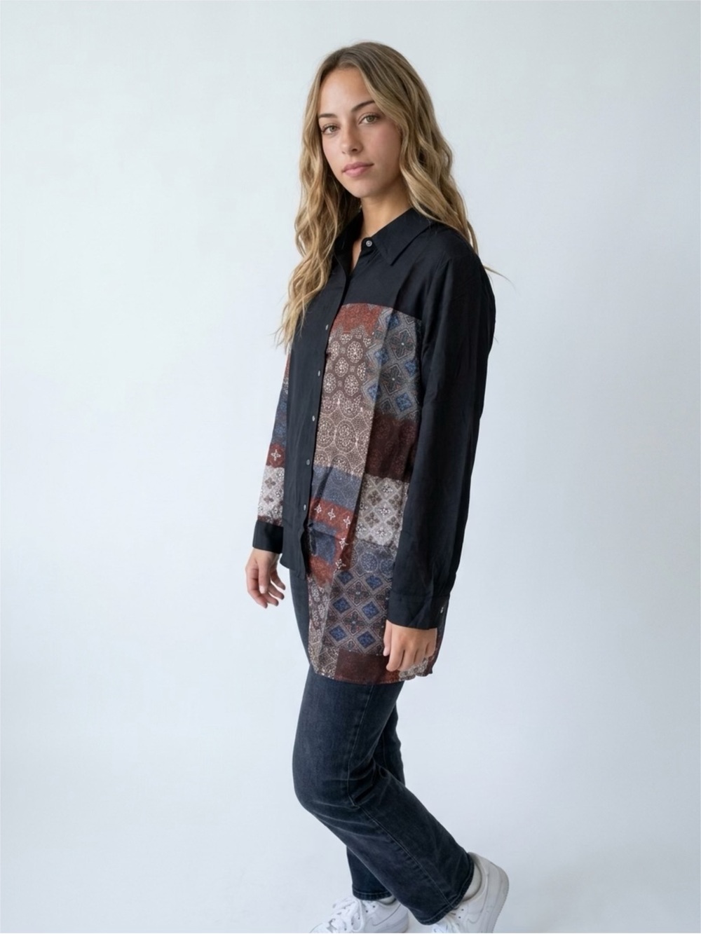 Mystree Black Button-Down Tunic with Patchwork Panels